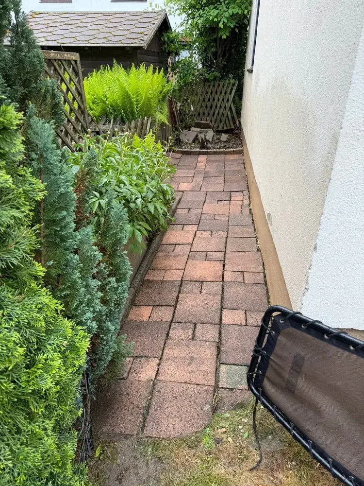 Nachher: freigelegter, sauberer Pflasterweg neben dem Haus