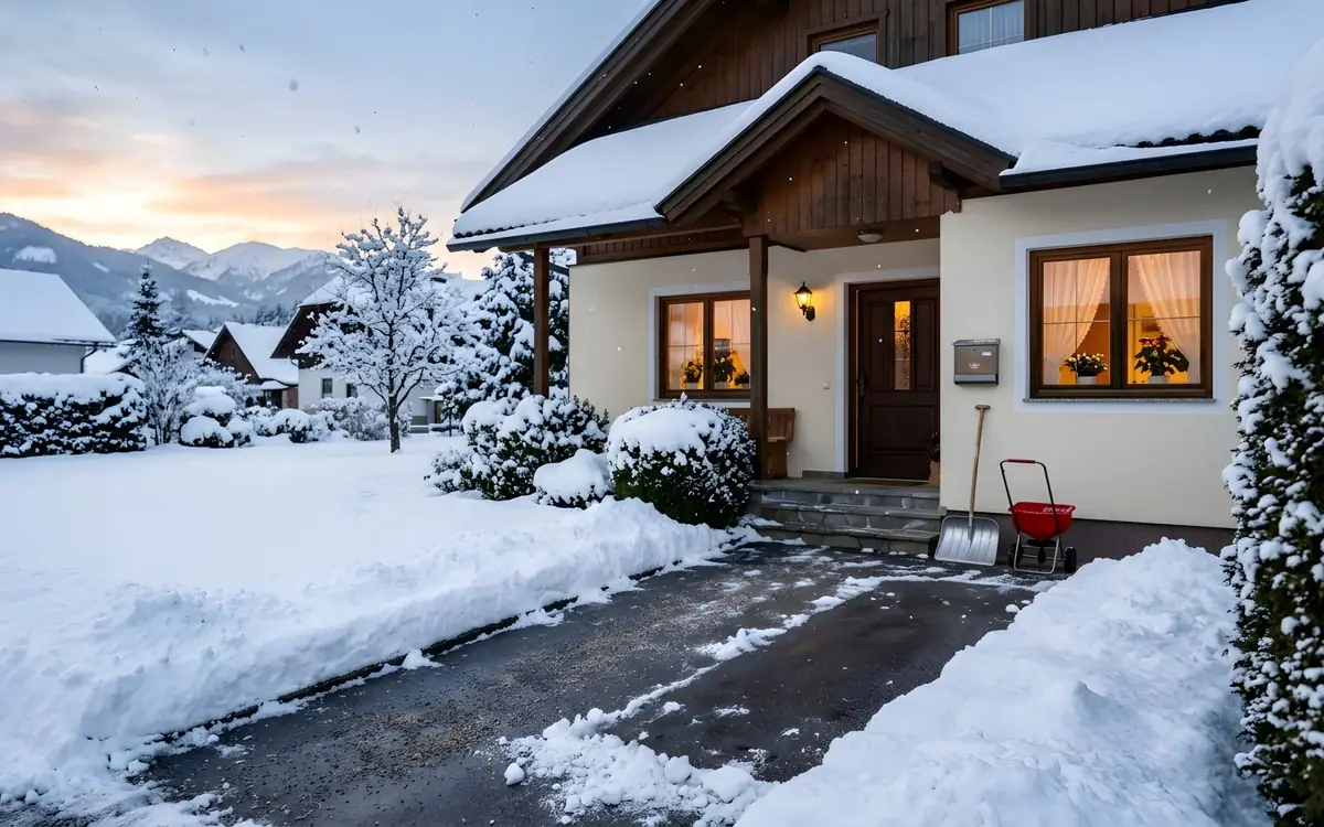 Frisch geräumte und gestreute Einfahrt vor einem verschneiten Haus, daneben Schneeschaufel und Streuwagen